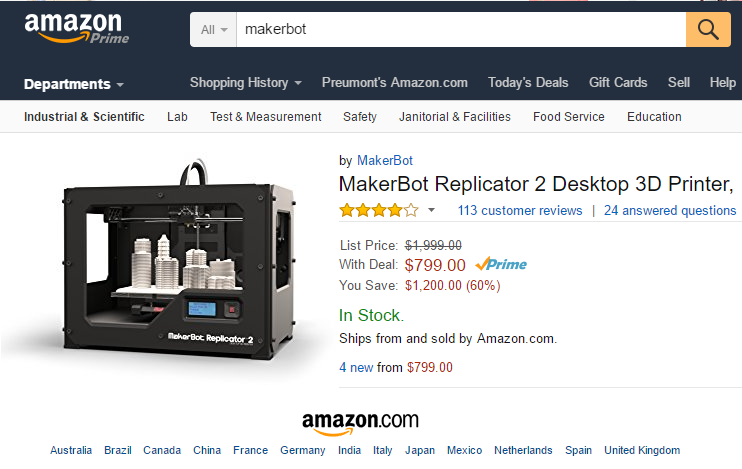 Makerbot Replicator 2 for $799 on Amazon
