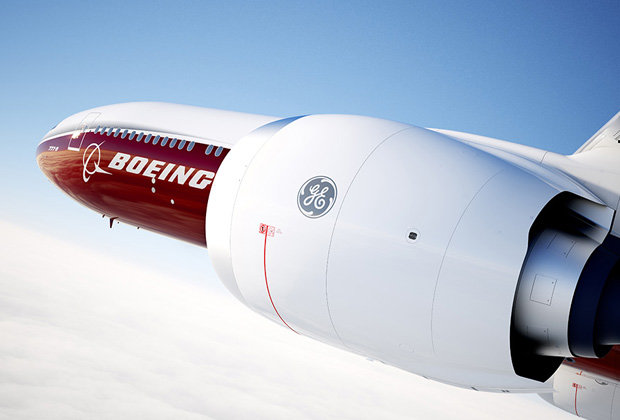 Boeing's 777x aircraft with GE9X engine turbine. Image via Boeing. 