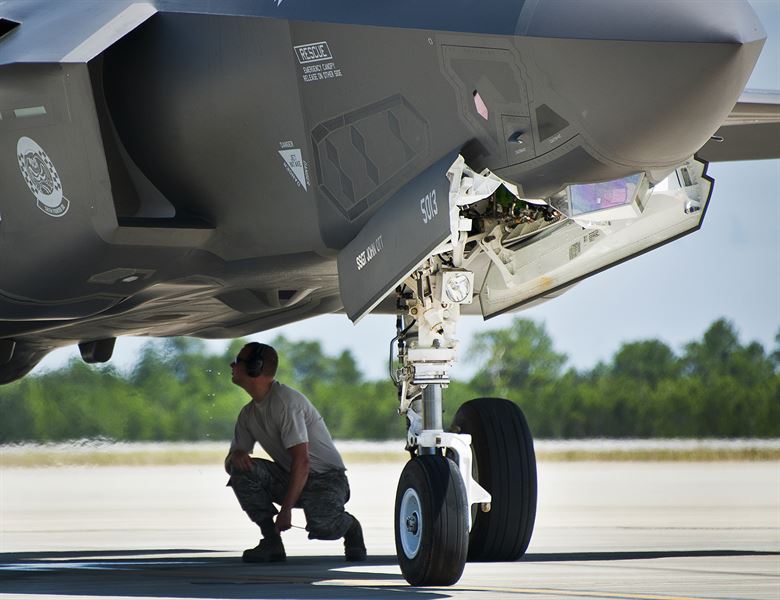 The landing gear of F-35A Lightning II. Photo via the Eglin Air Force Base