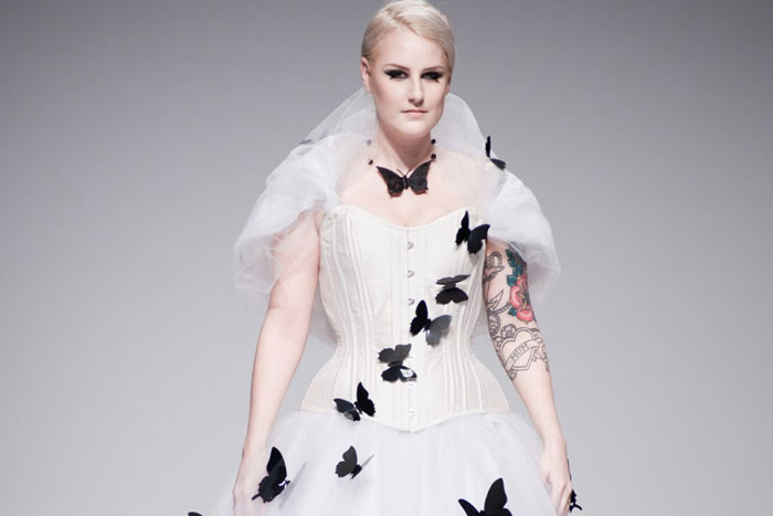 3D printed butterflies wedding dress Starkers Corsetry