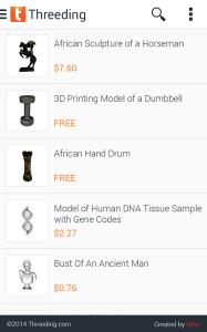 Screenshot of Threeding 3D printing marketplace for Amazon Fire