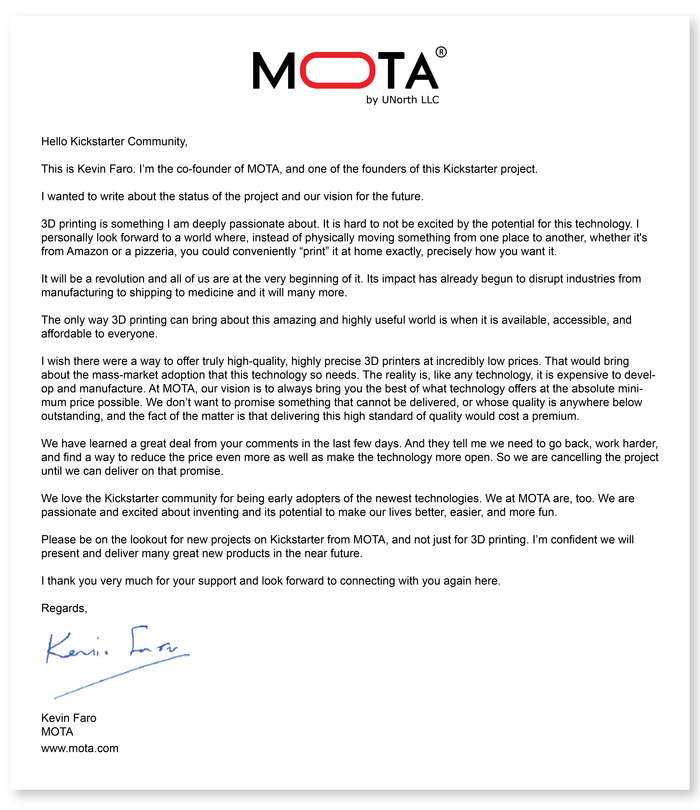 mota 3d printer cancel kickstarter