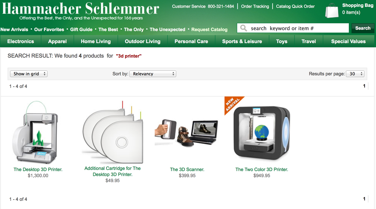 Hammacher Schlemmer sells 3D printing products