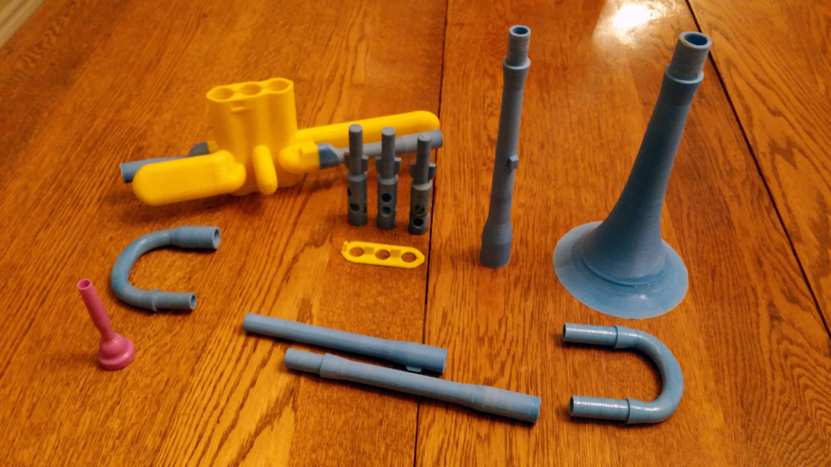 Disassembled 3D printed trumpet