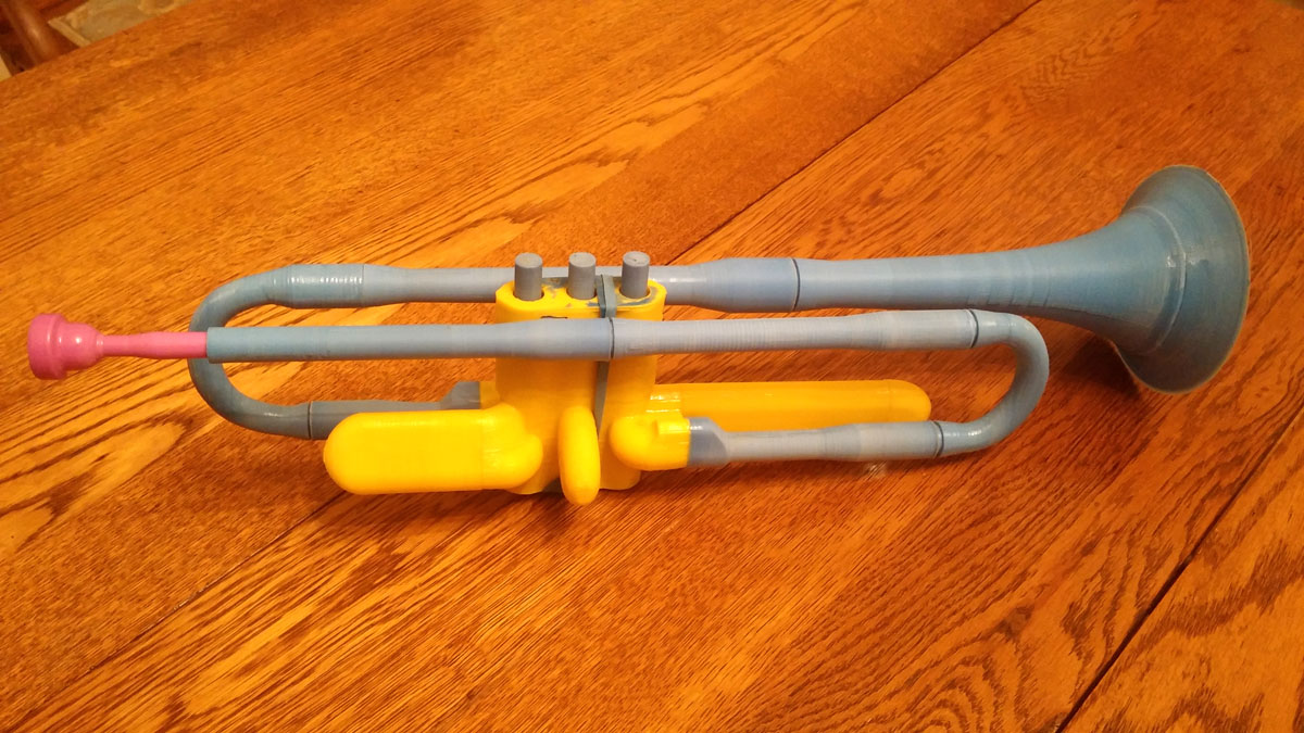 3D printed trumpet on its side
