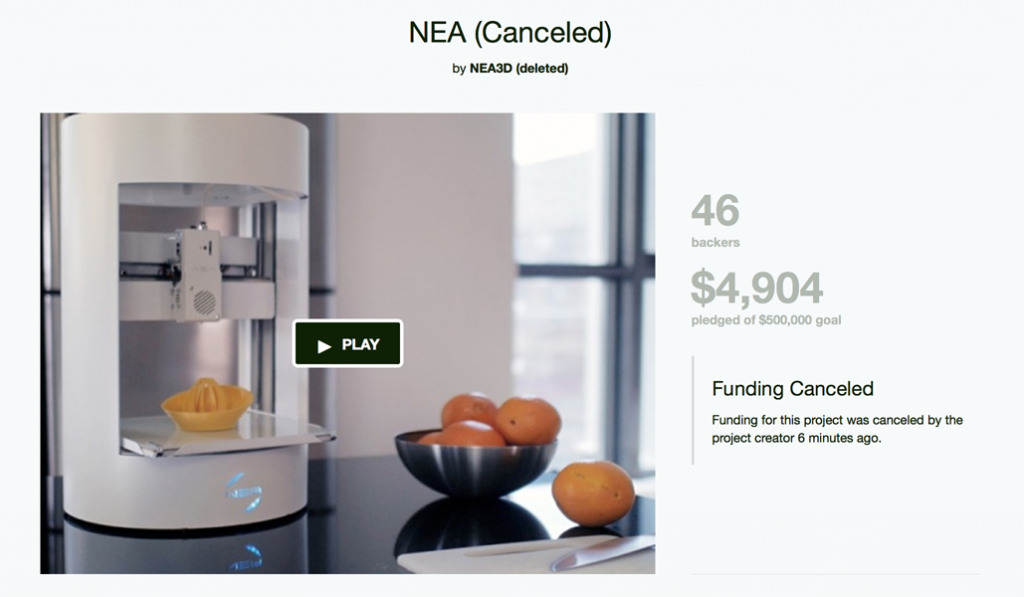 fake NEA 3D 3D printer kickstarter campaign