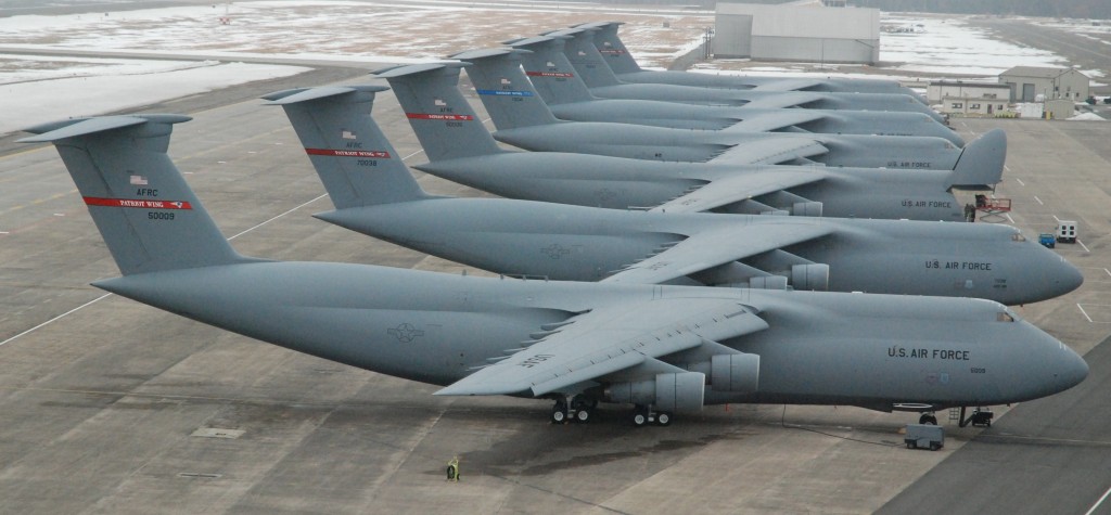 A row of C-5B Galaxy transports is seen on the Westover flight line March 10. Westover's 439th Airlift Wing, the host unit at the base, is home to more than 2,500 Air Force reservists and 16 C-5s, the largest aircraft in the Air Force inventory. (US Air Force photo/Master Sgt. Andrew Biscoe)