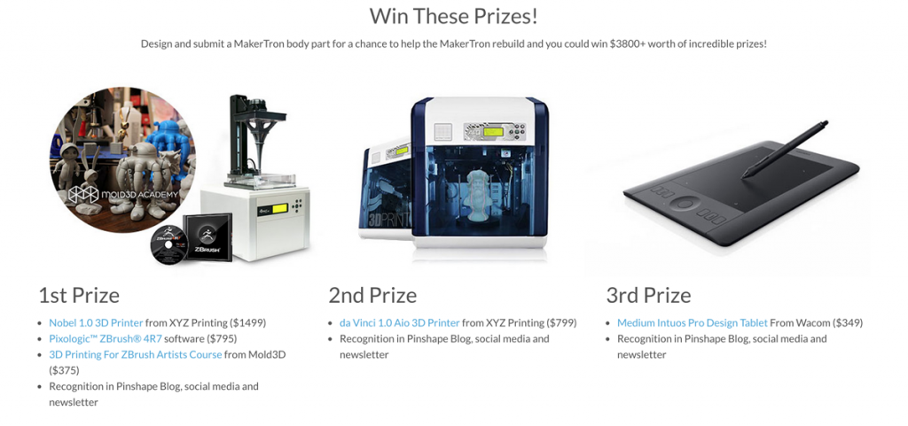 makertron 3D printing contest from mold 3d academy and pinshape 3D printing prizes