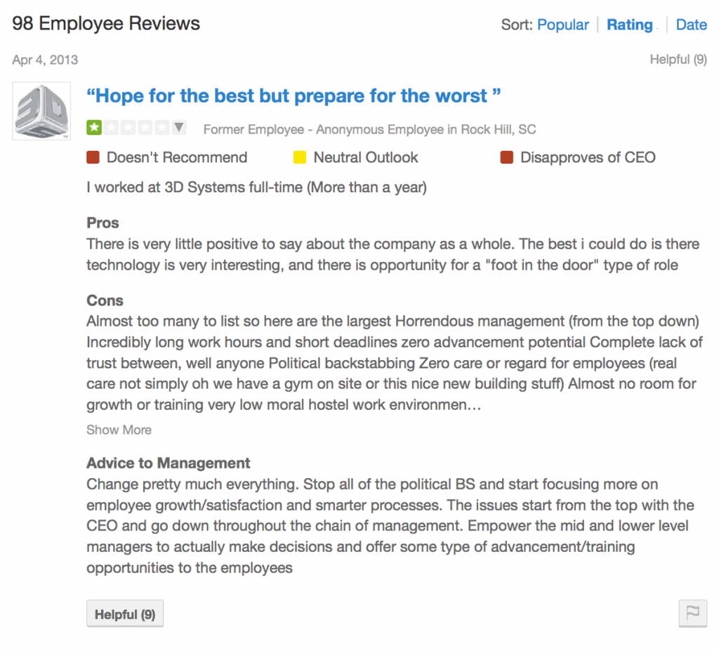 review of 3D systems on glassdoor