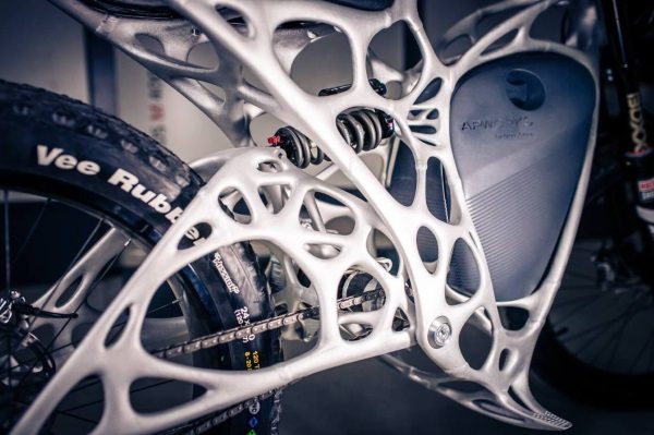 Body of the Airbus APWorks Lightrider motorcycle, 3D printed using Scalmalloy - a brand name scandium alloy material. Photo via APWorks