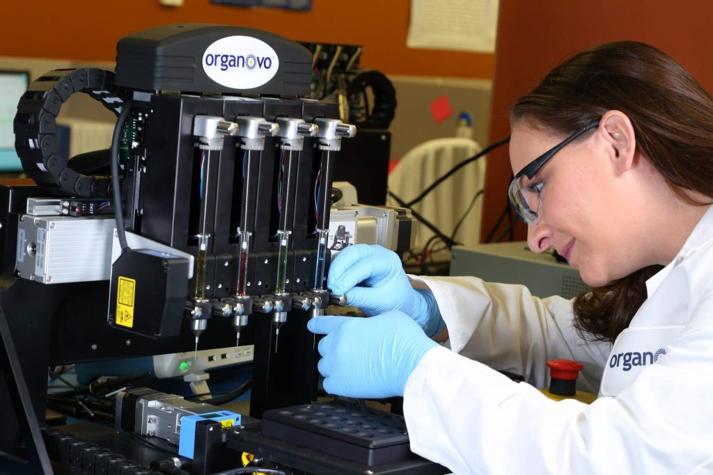 Tissue engineer loads Organovo’s proprietary bioprinter. Photo via Organovo