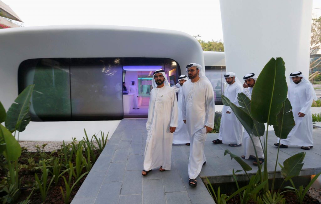 Sheikh Mohammed bin Rashid Al Maktoum, Vice-President and Prime Minister of the UAE and Ruler of Dubai, at the Dubai Future Foundation office - the first functional 3D printed offices in Dubai. Image via: REUTERS/Ahmed Jadallah