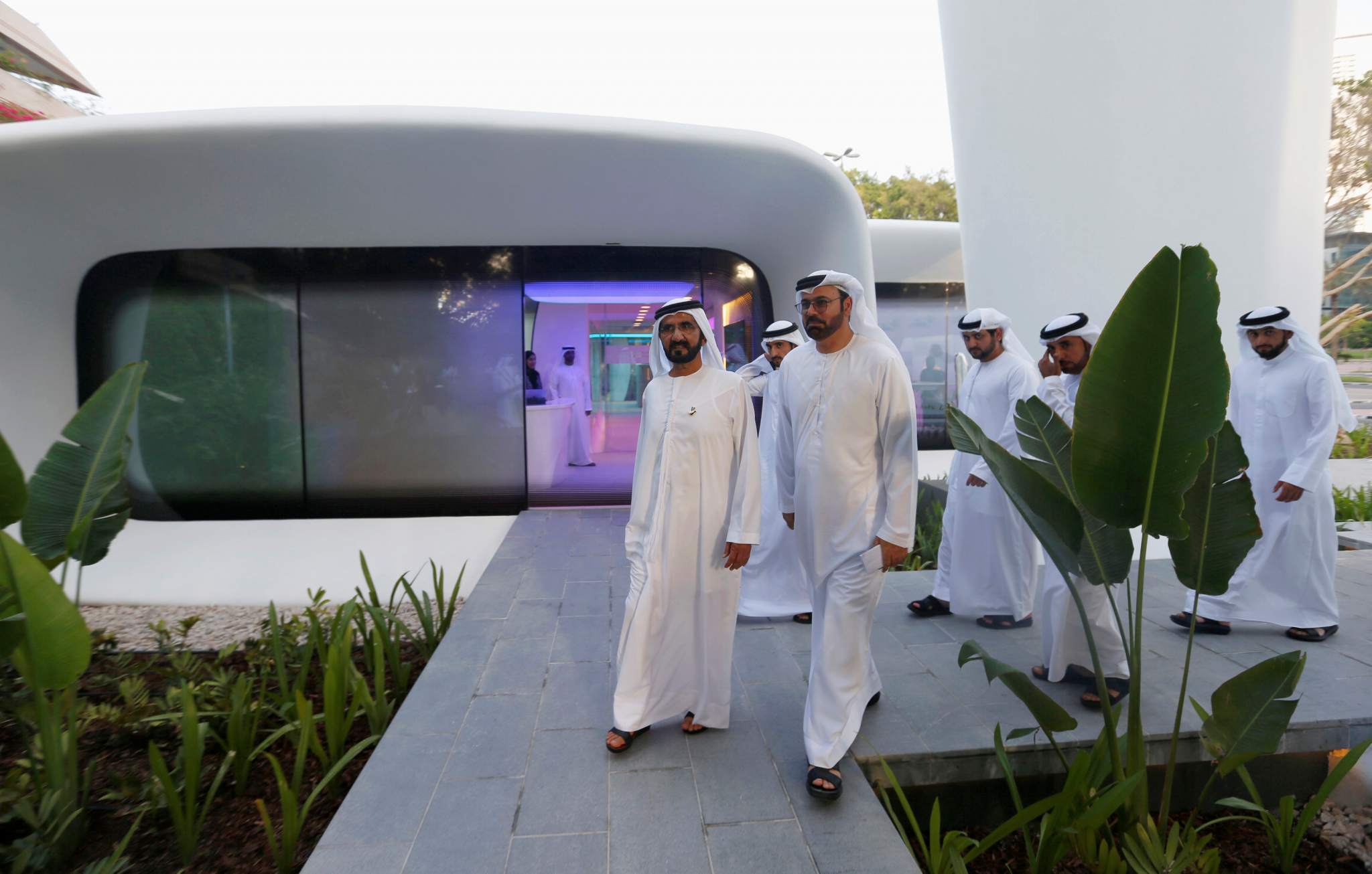 Sheikh Mohammed bin Rashid Al Maktoum, Vice-President and Prime Minister of the UAE and Ruler of Dubai, at the Dubai Future Foundation office - the first functional 3D printed offices in Dubai. Photo via: REUTERS/Ahmed Jadallah