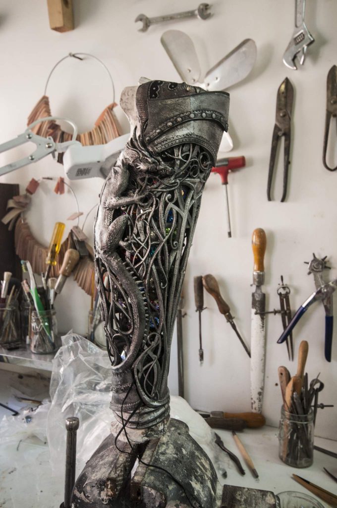 Inspired partially by Skyrim, this Nylon 3D printed leg features a dragon. Image: Katie Armstrong