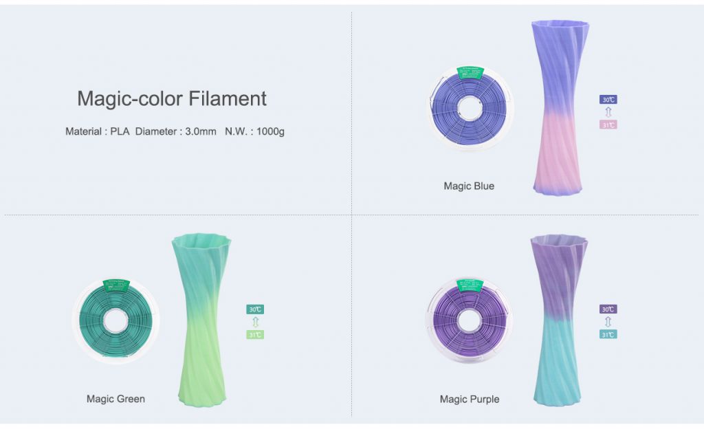 Winbo's magic color filament that changes at different temperatures. Image via: the company's website.