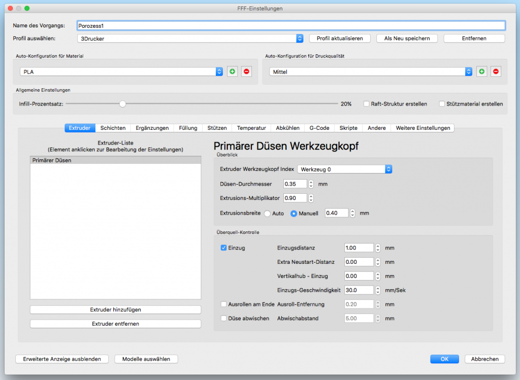 A sample of Simplify3D software interface translated here into German.