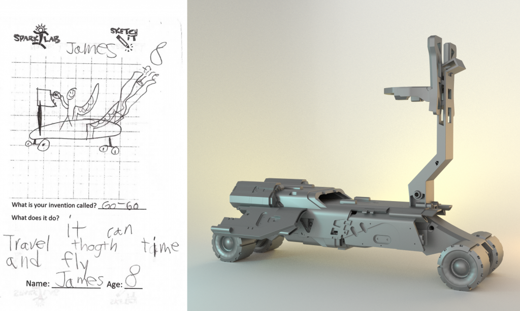 The Skateboard of the Future designed by a child alongside its 3D digital render Image via: Formlabs 
