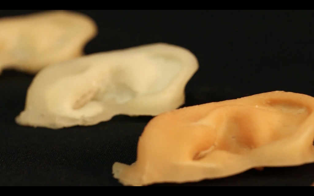 Prosthetic ears made by the FutureHear team using 3D printed models and silicone. Image via: FutureHear on Youtube