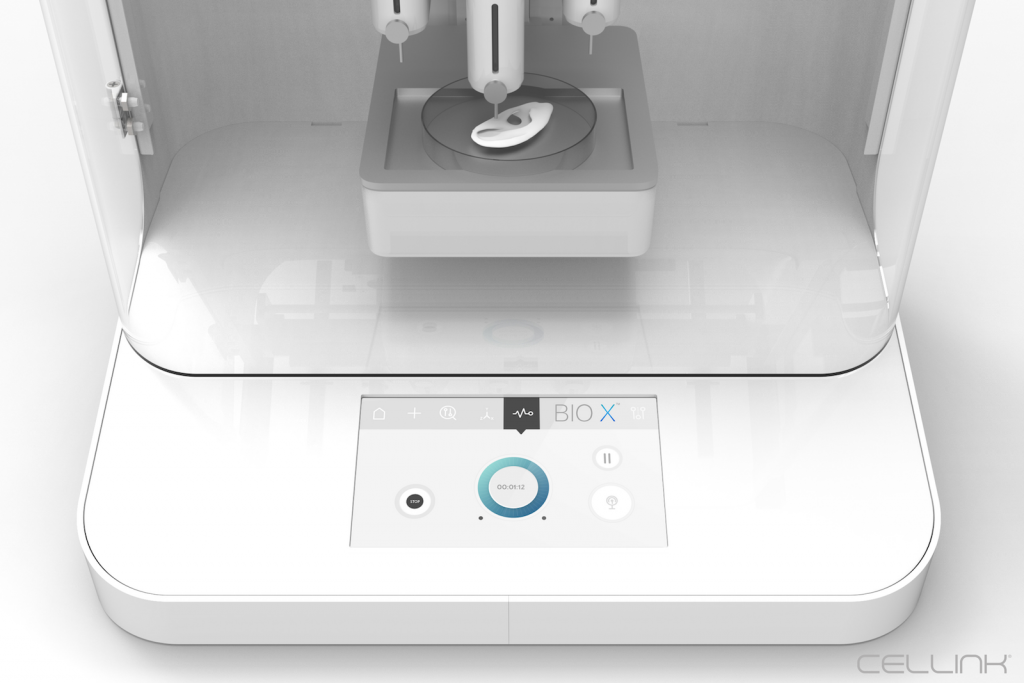 3D render of the BIO X user interface and x3 printheads. Image via: CELLINK