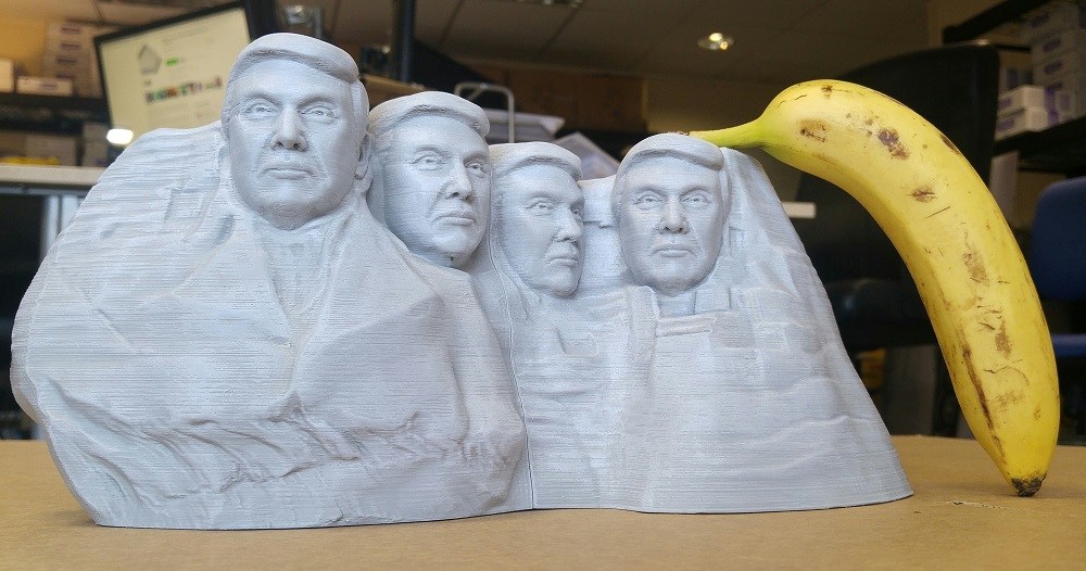 3D printed Mount Trumpmore with a banana for scale. Model by rigid.ink Photo via: MyMiniFactory