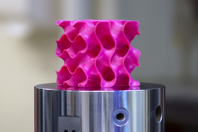 A 3D printed gyroid used to realise a theoretical structure for 3D graphene. Photo by Mealnie Gonick for MIT.