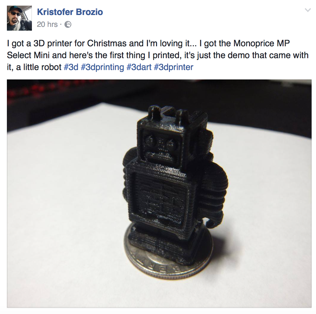 Screenshot via Facebook. 3D printed robot by: Kristofer Brozio