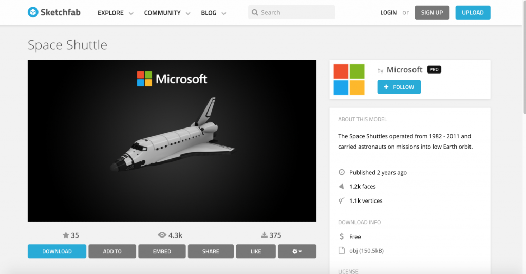 Space Shuttle .obj by Microsoft. Screenshot via: Sketchfab
