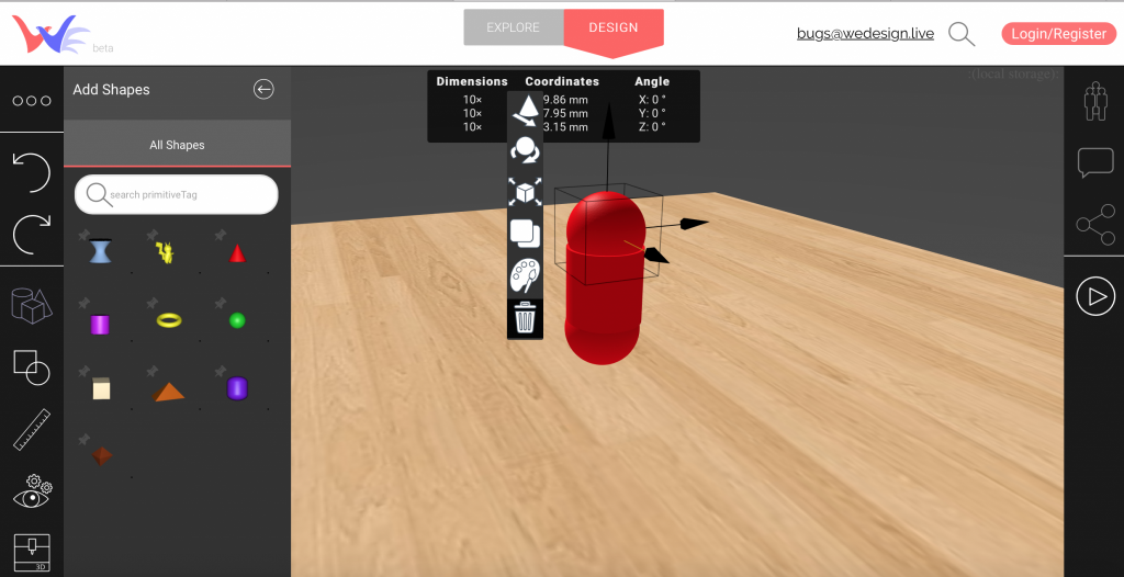 Combining spheres and a cylinder to make a capsule shape in WeDesignLive. 
