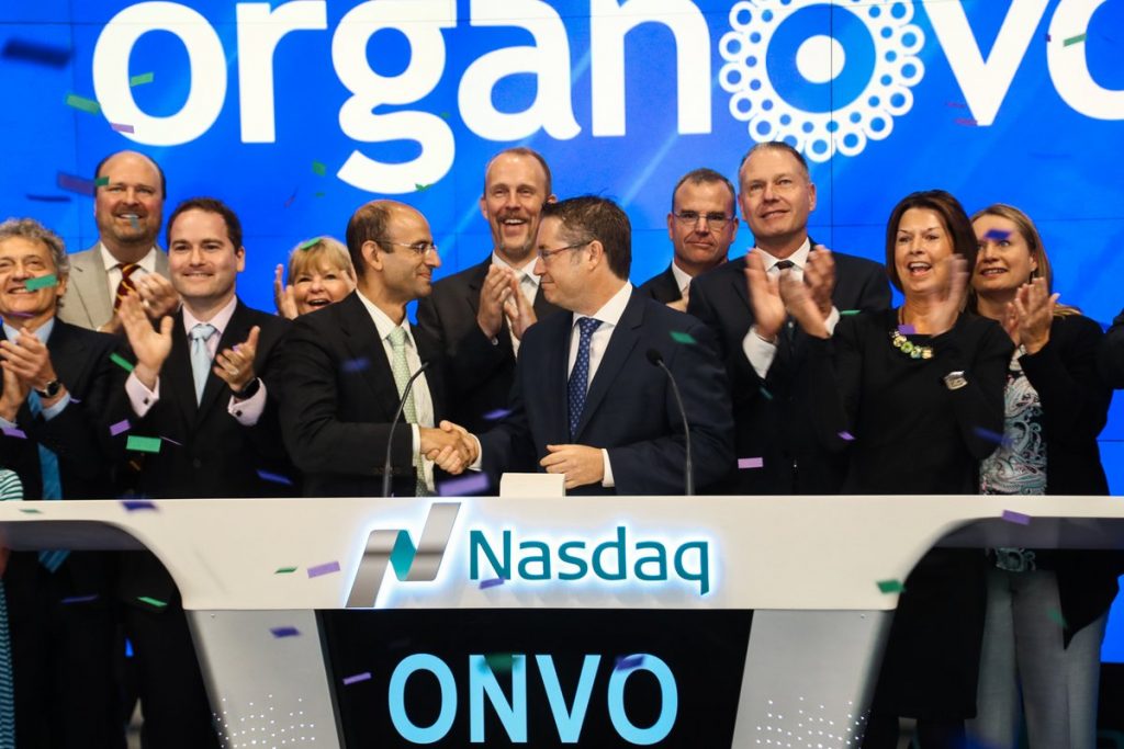 Organovo Founder and Chairman Emeritus Keith Murphy (center right) hosts the NASDAQ opening ringtone in October 2016. Photo via Organovo on Twitter