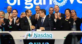 Organovo Founder and Chairman Emeritus Keith Murphy (center right) hosts ringing the NASDAQ opening bell in October 2016. Photo via Organovo on Twitter