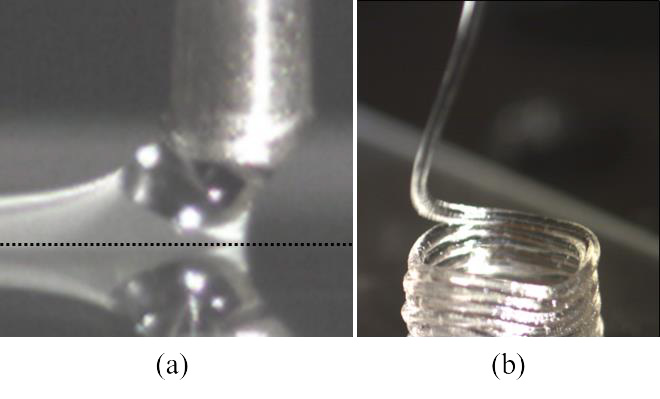 (a) Extrusion of liquid resin, (b) extrusion of the modified viscoelastic ink. Photos via Morteza Vatani & and Jae-Won Choi 