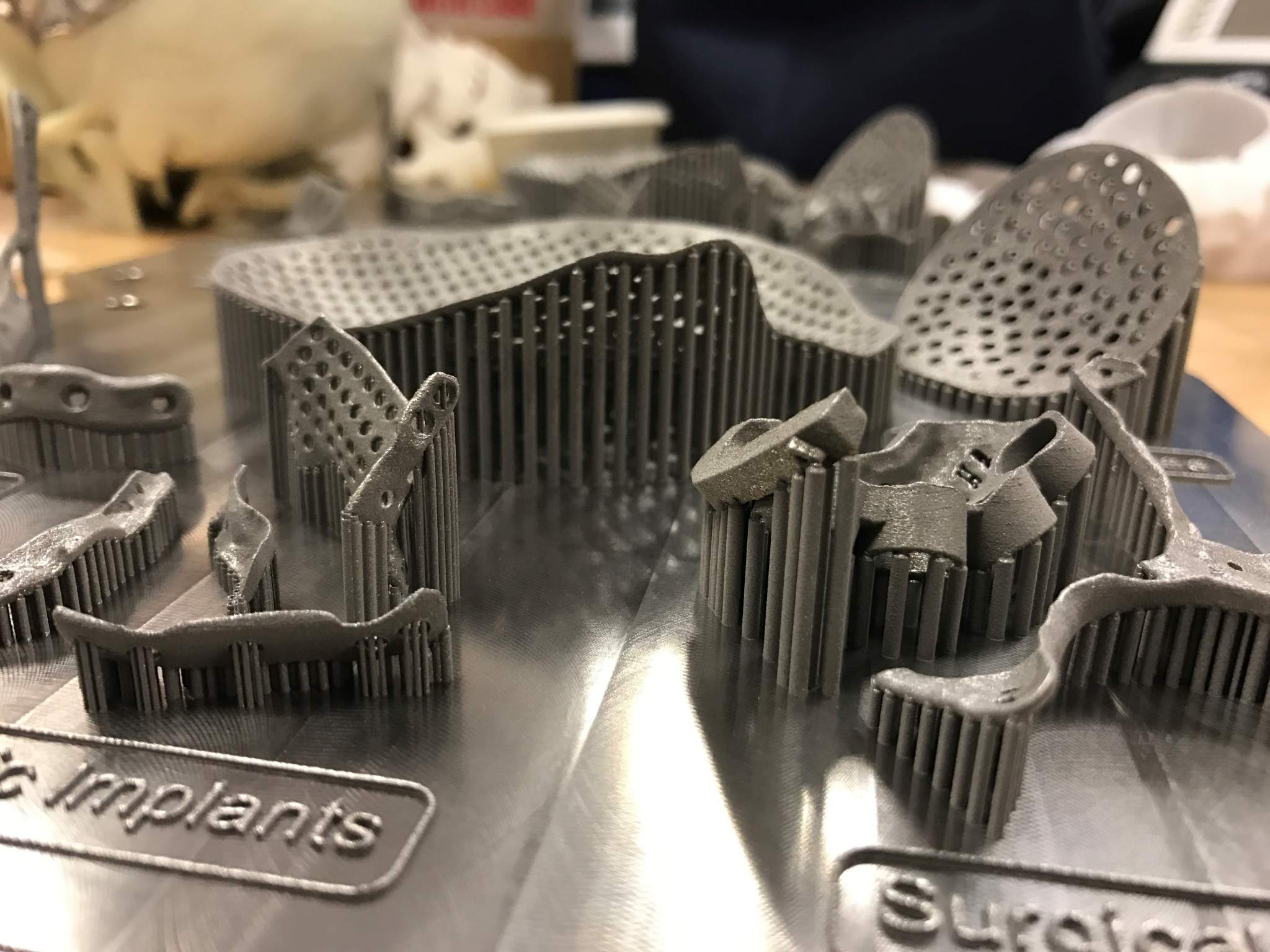 Finished additive manufactured titanium implants and surgical guides attached to build plate prior to post-processing. Photo via Renishaw.