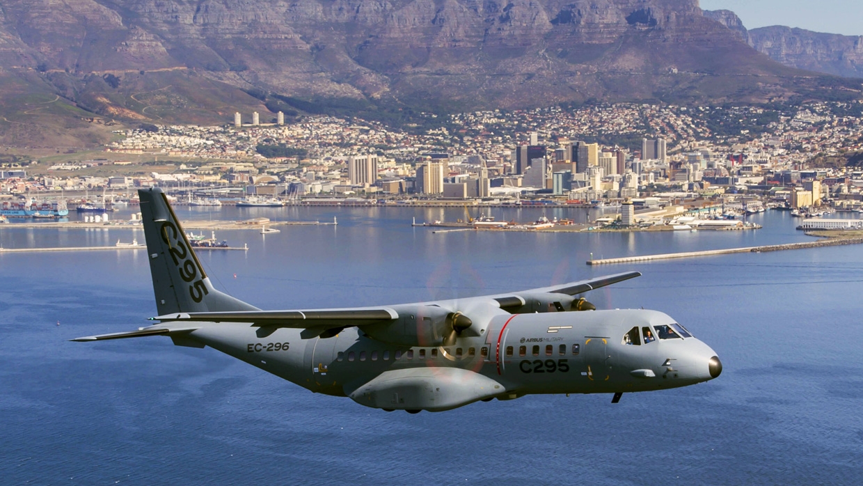 An Airbus C295 with Table Bay, Cape Town in the distance. Photo via Airbus.
