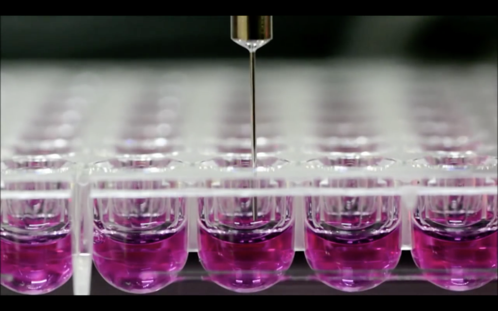 A Regonova 3D bioprinter selecting a cell spheroid to place on Kenzan needles. Photo via Cyfuse Biomedical K.K.
