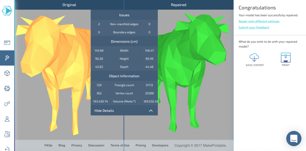 Comparison of the original and the repaired low poly cow, now suitable for 3D printing.