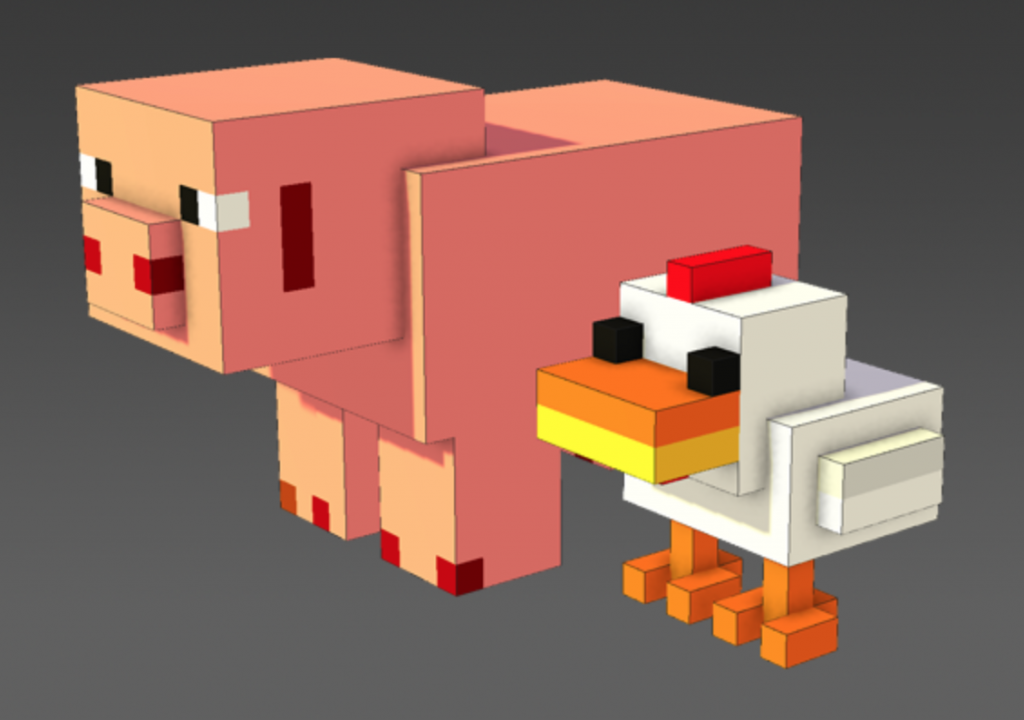 Imported models of a Minecraft pig and chicken. Image via Voxelise