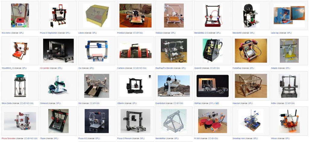 Some of the many 3D printers from the RepRap project. Image via RepRap wiki.