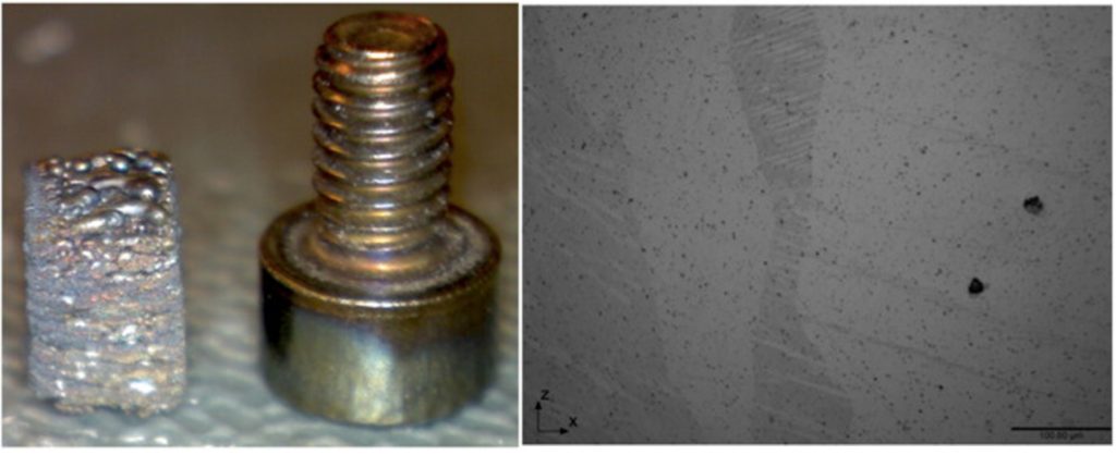 Left: a sample stainless steel cube 3D printed with the DAM techniques with a bolt for scale. Right: A cross section of 3D printed BiZn2.7 alloy showing irregular pores but maximum 99.27% density. Photos via Materials & Design Vol. 117