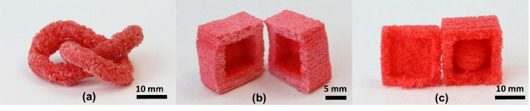 Sample structures 3D printed using DLP and salt technique, including one with the Droste effect (c: ball within a cube) Figure via X. Mu, T. Bertron, C. Dunn, H. Qiao, J. Wu, Z. Zhao, C. Saldanaa and H. J. Qi