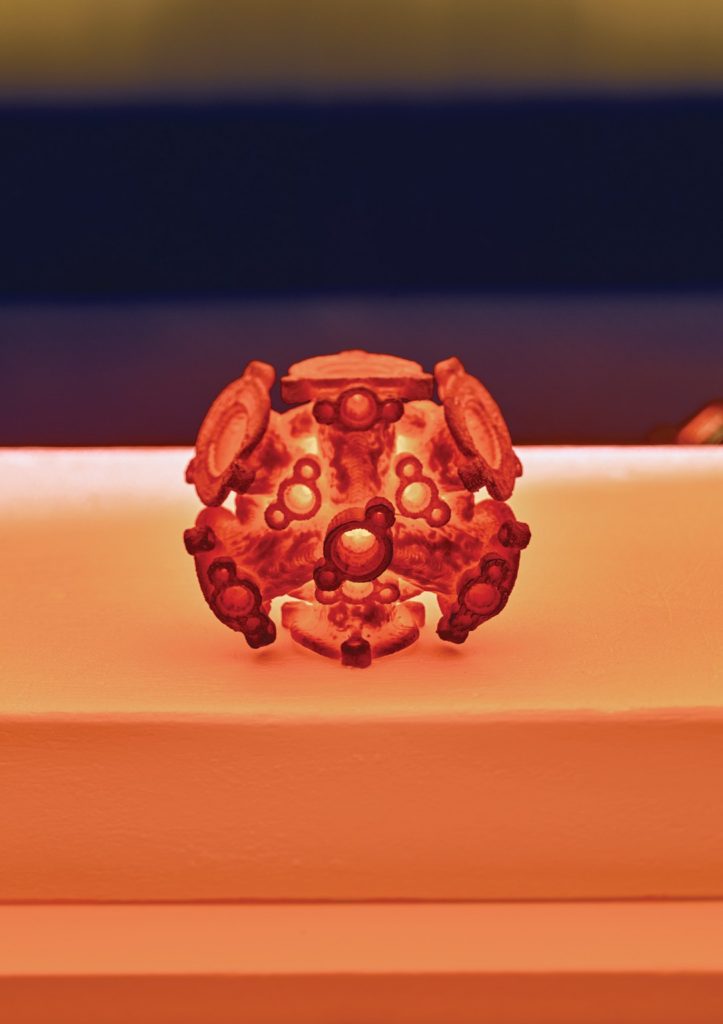 A 3D printed hydraulic manifold is processed inside a microwave furnace at up to 1,400C. Photo via MIT Technology Review.