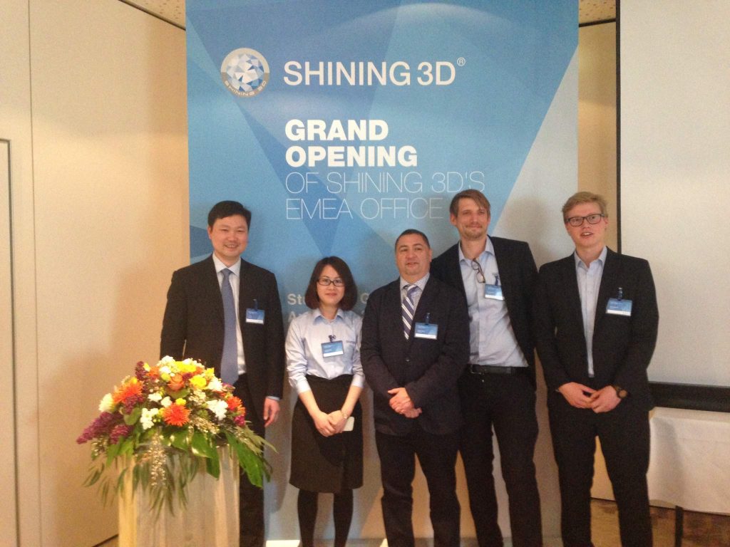 From left to right: Li Tao CEO of Shining3D, Sunny Wong Director of the EMEA office, Oscar Meza VP Marketing and Sales, Niels Stenzel sales & marketing EMEA and David Willers application engineer. Photo by Beau Jackson for 3D Printing Industry 