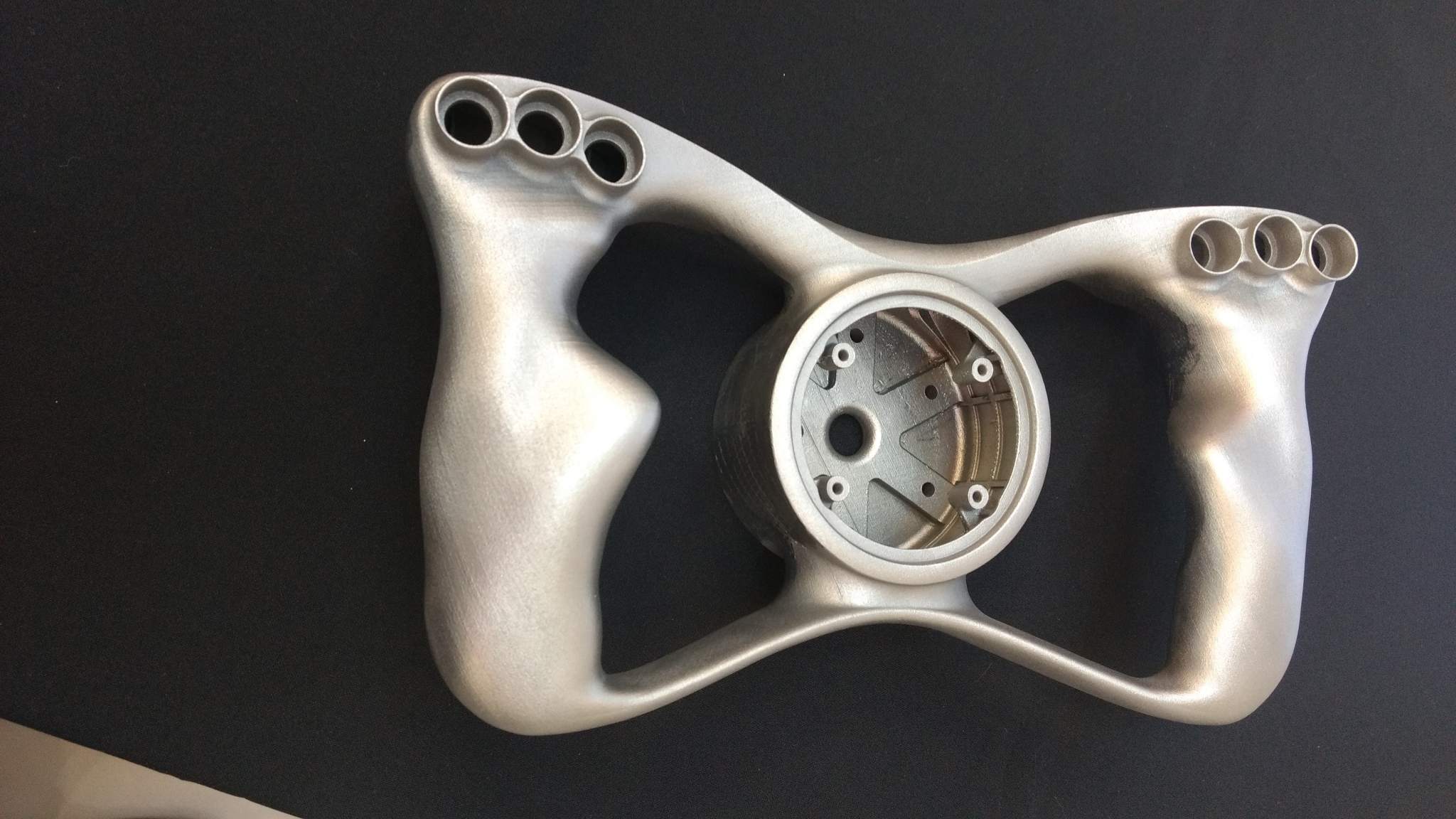 The titanium 3D printed steering wheel produced by Renishaw. Photo by Corey Clarke. 