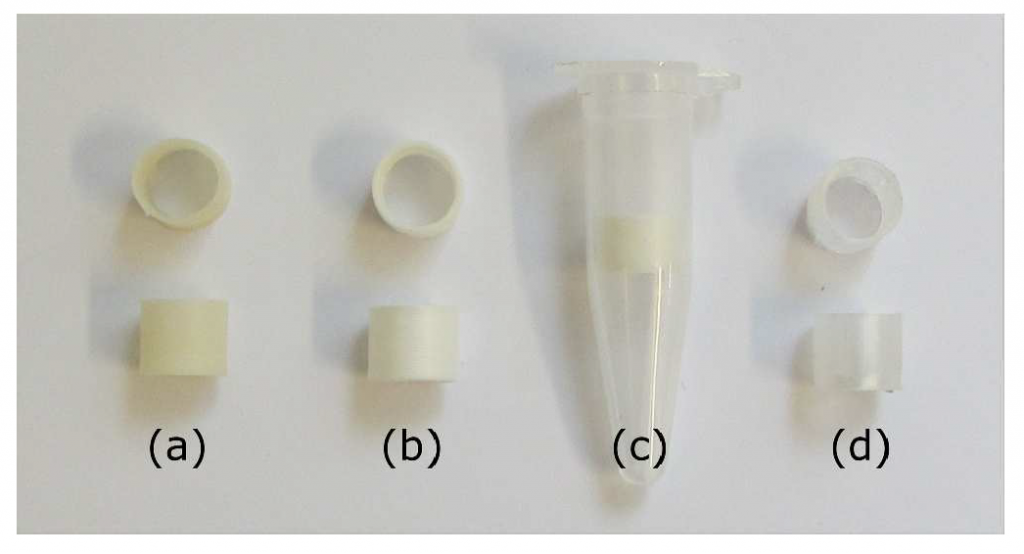 3D printed sorbet rings before (a) and after (b) rinsing. The Eppendorf receptacle tube used to place sorbents inside (c) and a typical polypropylene sorbent ring for comparison (d). Photo via Mariusz Belka, Szymon Ulenberg and Tomasz Bączek.