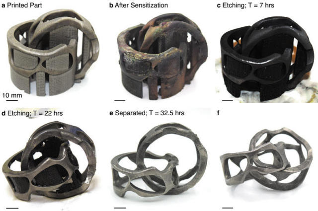 Interlocking rings at various stages in the support removal process. Figure via 3D Printing and Additive Manufacturing journal Volume 4, Number 1, 2017
