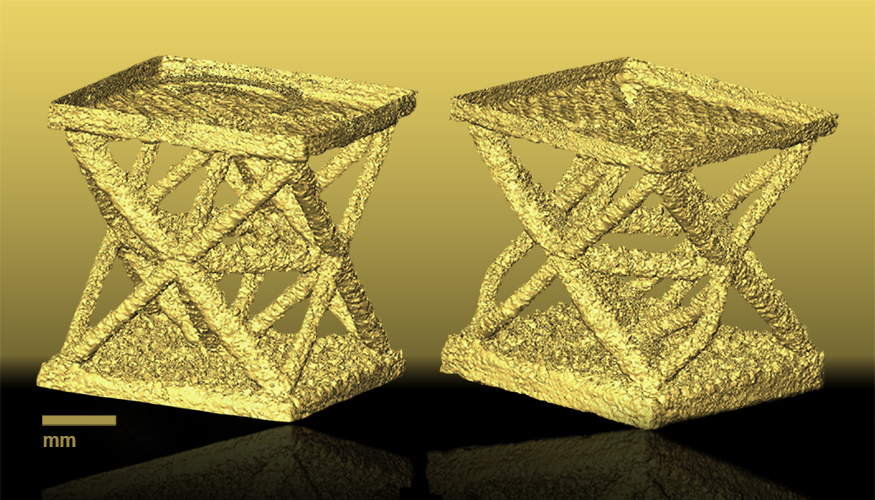 A mathematical model of a 3D printed metal lattice shape before (left) and after (right) stress. Photo via Lawrence Livermore National Laboratory