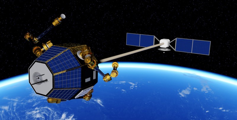 Illustration of Archinaut extending construction on a satellite. Image via Made in Space. 