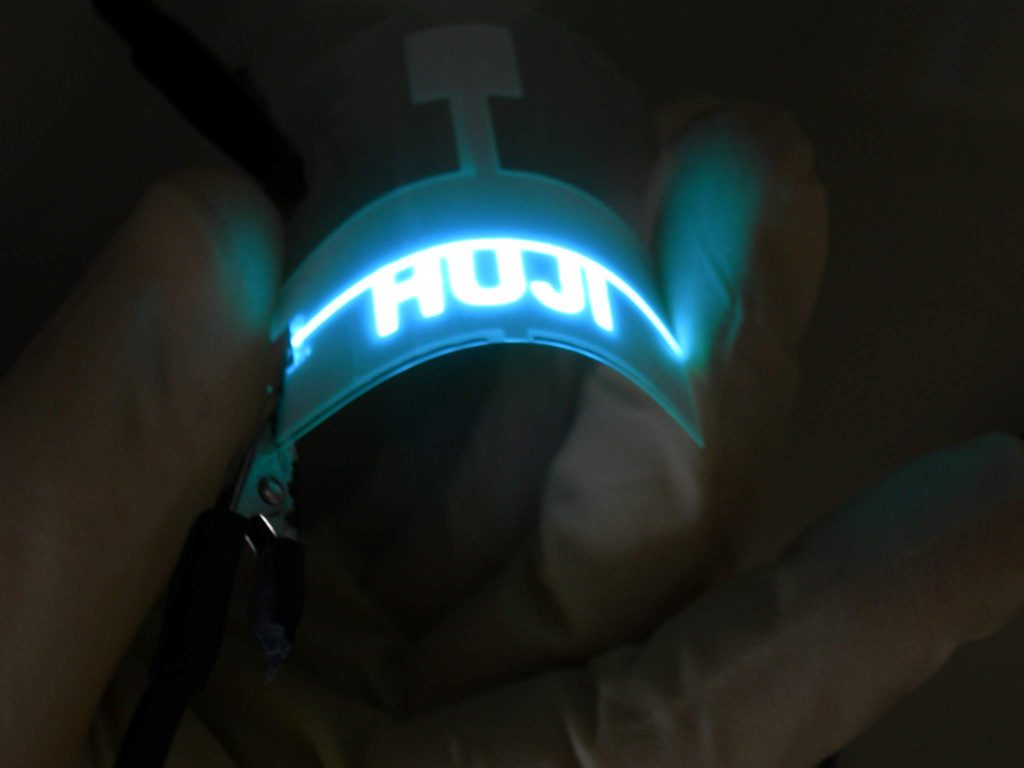 A printed flexible electroluminescent device. Photo by Hebrew University of Jerusalem.