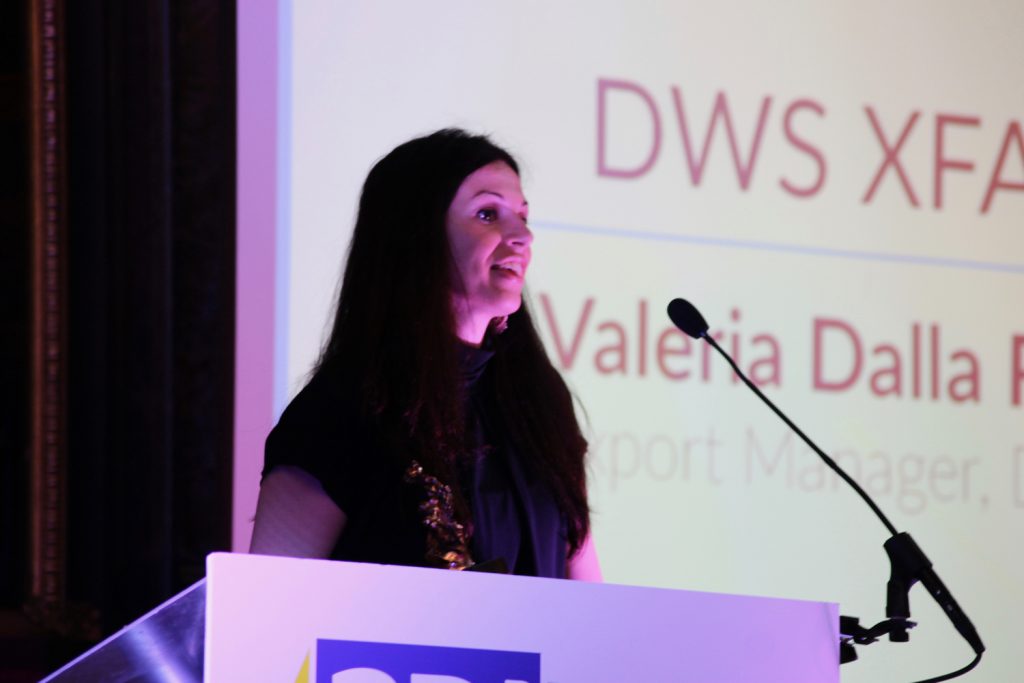 Ilaria Storato, Communication Manager at DWS, accepting the award for Personal 3D printer of the year (other). Photo by Antoine Fargette for 3D Printing Industry.