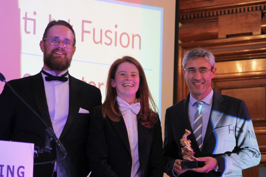 Left to right: 3D Printing Industry editor in chief Michael Petch, senior journalist Beau Jackson and Ramon Pastor, Vice President and General Manager of HP 3D Printing - accepting the award for Innovation of the Year. Photo by Antoine Fargette for 3D Printing Industry.