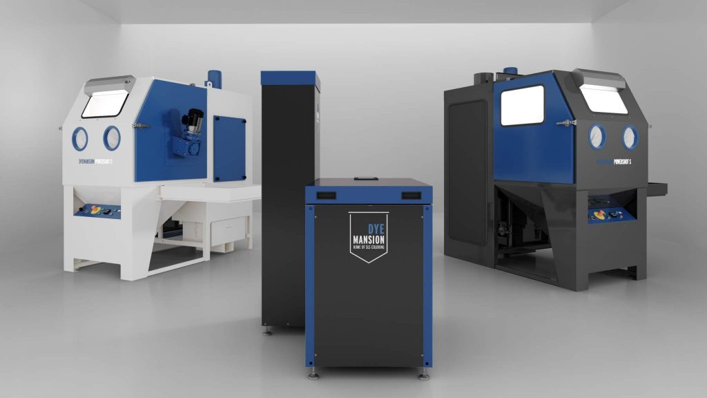 DyeMansion’s industrial post-processing systems fo AM: Powershot C for automated depowdering, DM60 coloring system, Powershot S for automated surface finish [L-R]